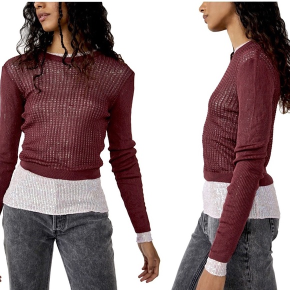 NWT Free People H2O Crew Pullover Open Stitch Knit Top Red Small OB1505557 Party - Picture 1 of 9